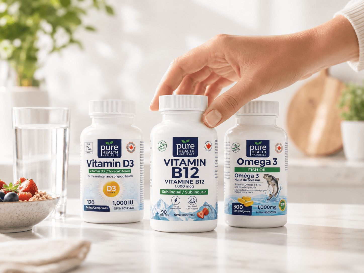 Pure Health Naturals products arranged as part of an everyday wellness routine