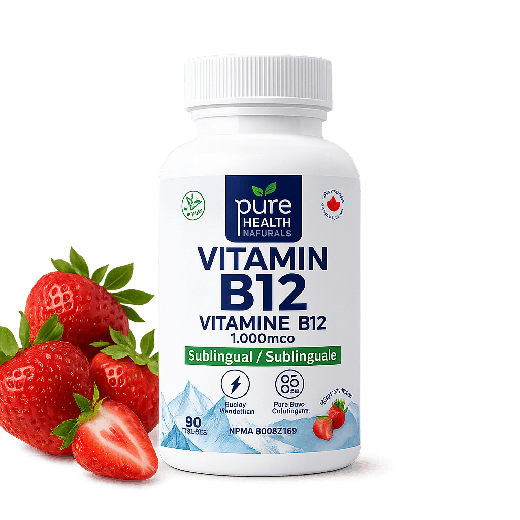 Pure Health Naturals Vitamin B12 bottle with strawberries
